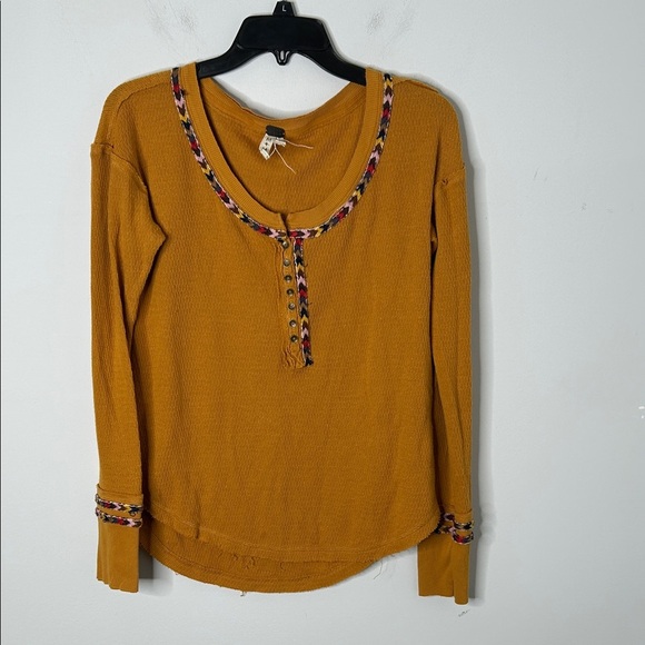Free People Yellow Rainbow Thermal Henley Long Sleeve Top - Picture 2 of 7